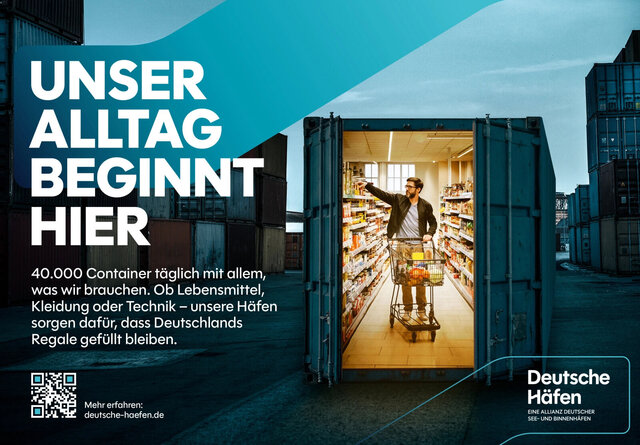 Bild zur Kampagne Deutscher Häfen zeigt einen Container der wie ein Supermarkt eingerichtet ist und einen Mann beim Einkaufen
